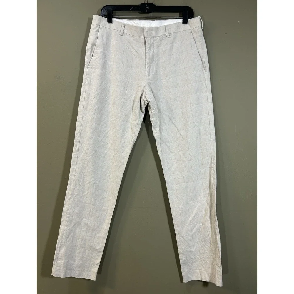 J.Crew Ludlow Slim Dress Pants Linen Blend Beige Plaid Mens Sz 32x32 (33x30) NEW